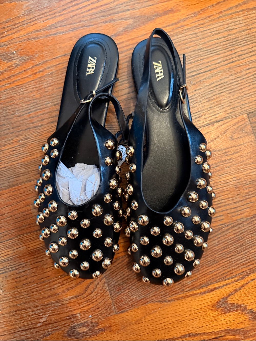 Zara black with gold studs sling back shoe. Size 40
